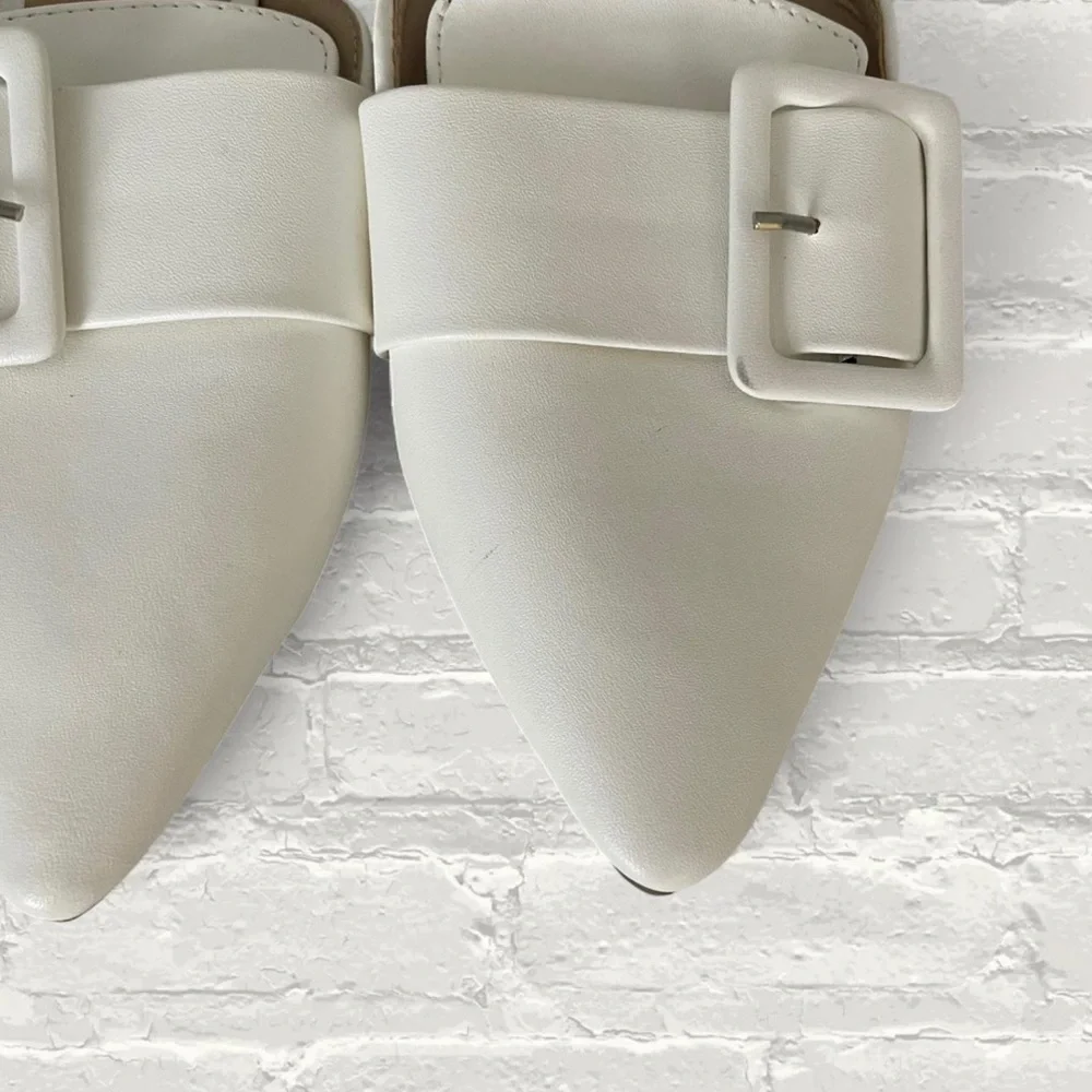 White Pointed Toe Buckle Mules - Picture 2 of 4